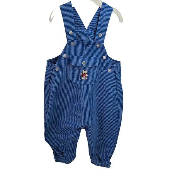 90s Poo Bear Blue Stripe Denim Overalls Button Closure Unisex Baby Large 6-9M - Picture 2 of 8
